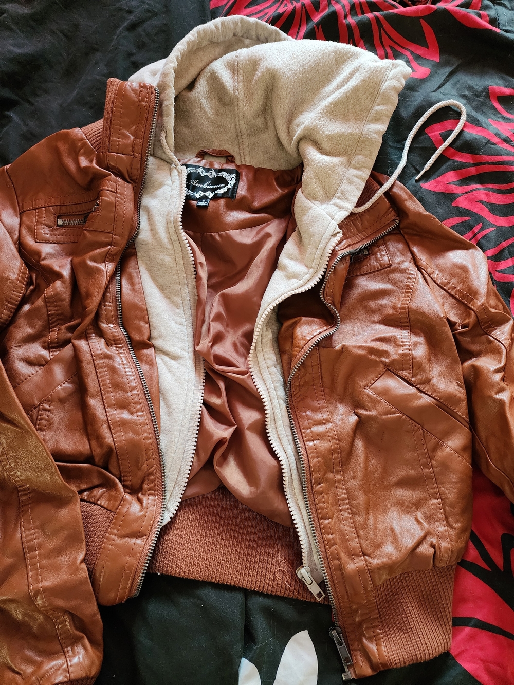 Ambiance Chestnut Faux Leather Jacket with Cream Sherpa